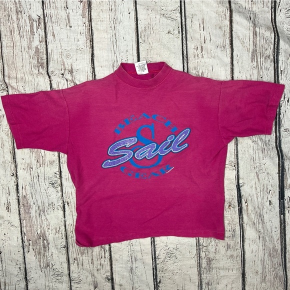 Vintage 1990s Beach Sail Gear Dark Pink 90s Crewneck Tee Top Shirt - Picture 1 of 4